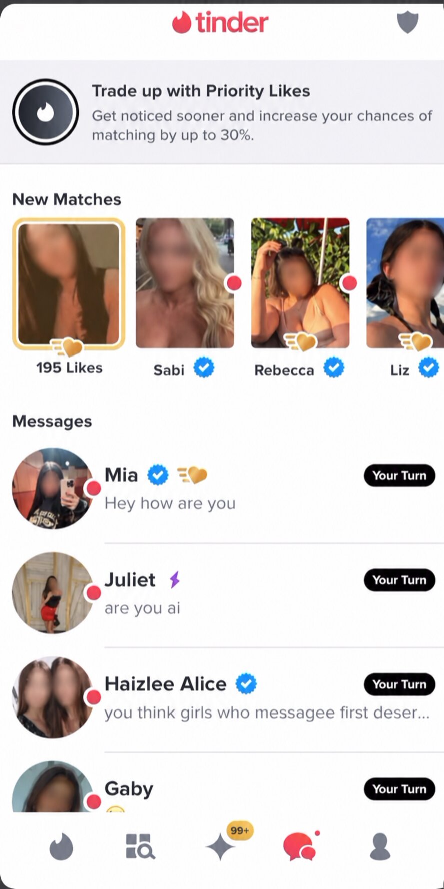 Tinder screen with 195 likes. Other people covered.